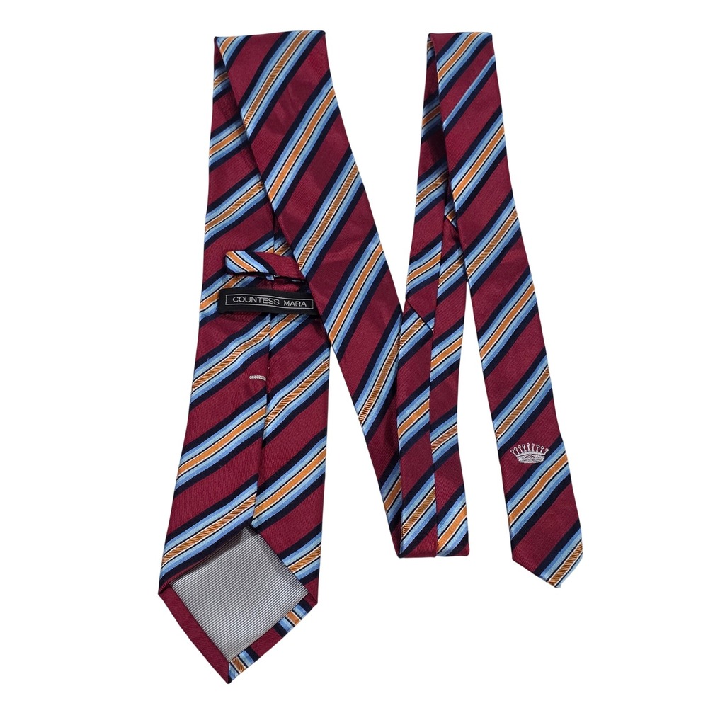 Countess Mara Mens Silk Necktie Burgundy Blue Orange Striped Handmade Crown Logo